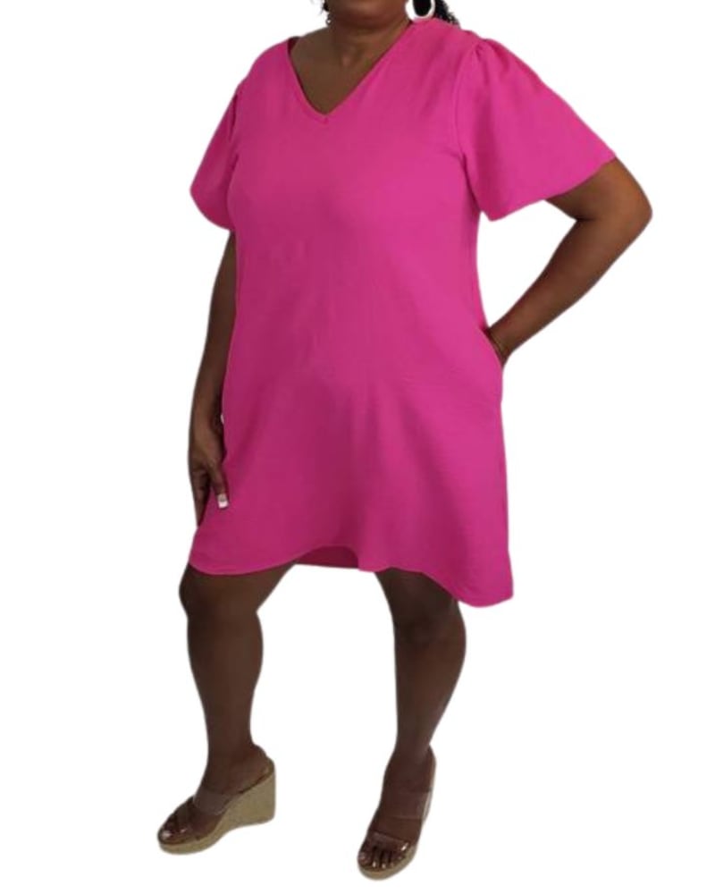 Front of a model wearing a size Large V-Neck Puff Sleeve Mini Dress in Hot Pink in Hot Pink by A Beauty by BNB. | dia_product_style_image_id:346337
